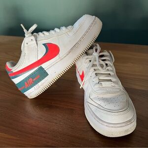 Nike Women's Air Force 1 AF1 Shadow White Sneakers with Neon Coral Accent Size 7